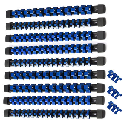 Picture of ALOANES 9 PC ABS Socket Organizer, 1/2 inch, 3/8 inch and 1/4 inch Drive Socket Rail Holders, Heavy Duty Socket Racks, Black Rails with Blue Clips