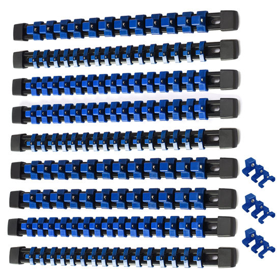 Picture of ALOANES 9 PC ABS Socket Organizer, 1/2 inch, 3/8 inch and 1/4 inch Drive Socket Rail Holders, Heavy Duty Socket Racks, Black Rails with Blue Clips
