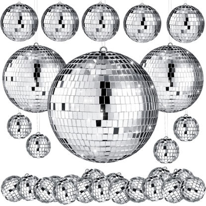 Picture of MTLEE 20 Pcs Christmas Hanging Mirror Disco Ball Ornaments New Years Eve Assorted Silver Mini Glass Disco Balls Decoration Different Sizes Reflective with Rope(4 Inch, 3. 2 Inch, 2 Inch)