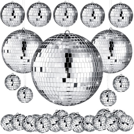 Picture of MTLEE 20 Pcs Christmas Hanging Mirror Disco Ball Ornaments New Years Eve Assorted Silver Mini Glass Disco Balls Decoration Different Sizes Reflective with Rope(4 Inch, 3. 2 Inch, 2 Inch)