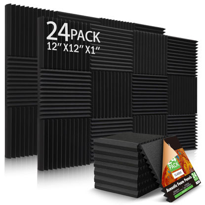 Picture of 24 Pack Acoustic Panels, 1" X 12" X 12" Acoustic Foam Panels, Sound Proof Foam Panels, Self-Adhesive Soundproof Wall Panels,Fire-Proofed Soundproofing Wedges,Acoustic Treatment Foam for Home-Black