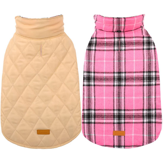 Picture of Kuoser Warm Dog Coat, Reversible Dog Jacket Waterproof Dog Winter Coat British Style Plaid Dog Clothes Pet Dog Cold Weather Coats Cozy Snow Jacket Vest for Small Medium Large Dogs Pink S