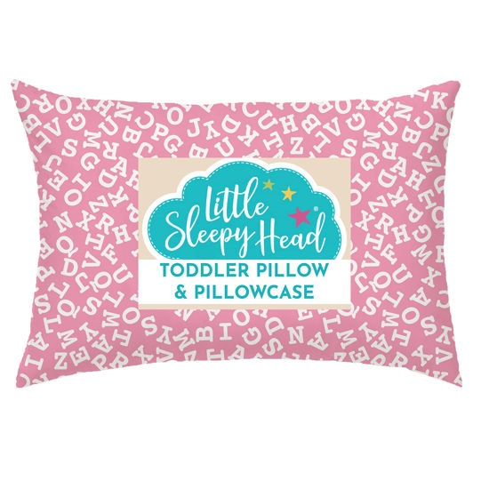 Picture of Little Sleepy Head Toddler Pillow with Pillowcase 13x18 - Kids Pillow for Sleeping - Better Neck Support Ergonomic Pillow and Toddler Pillowcase - Best Pillows for Kids (Alphabet Pink)