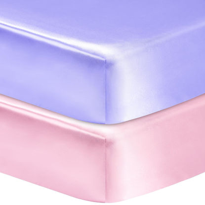 Picture of GUNTAIL 2 Pack Satin Soft Crib Sheet for Baby with Sensitive Hair Silky Baby Mattress Sheet Pink and Violet Unisex 52’’x28’’x8’’ Fitted Sheets