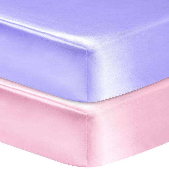 Picture of GUNTAIL 2 Pack Satin Soft Crib Sheet for Baby with Sensitive Hair Silky Baby Mattress Sheet Pink and Violet Unisex 52’’x28’’x8’’ Fitted Sheets