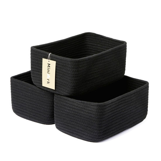 Picture of MiniArk Shelf Storage Baskets for Organizing | Closet Organizer Bins | Small Baskets | Toy Basket | Cute Decorative Basket | Cube Storage Bin | Woven Rope Basket | 11.5×7.5×4.7” | 3 Packs Black