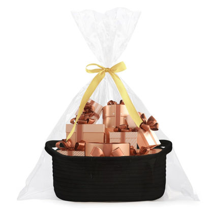 Picture of Poschnor Gift Basket Empty with Gift Bags and Ribbons, Halloween Basket, Basket for gifts, 12"X 8" X 5" Small Woven Rope Basket, Toy Basket for Baby and Pet, Black