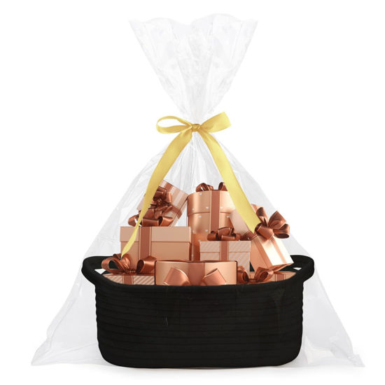 Picture of Poschnor Gift Basket Empty with Gift Bags and Ribbons, Halloween Basket, Basket for gifts, 12"X 8" X 5" Small Woven Rope Basket, Toy Basket for Baby and Pet, Black