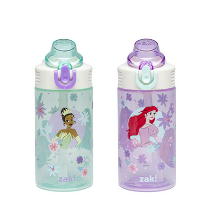 Picture of Zak Designs Sage Disney Princess Kids Water Bottle for School or Travel, 16oz Durable Plastic Water Bottle with Straw and Leak-Proof Spout Cover, 2-Pack (Ariel, Cinderella, Jasmine, Moana, Tiana)