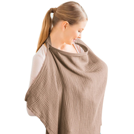 Picture of Konssy Muslin Nursing Cover for Baby Breastfeeding, Breathable 100% Cotton Breastfeeding Cover with Rigid Hoop for Mother Nursing Apron, Multi-use Carseat Canopy (Brown)