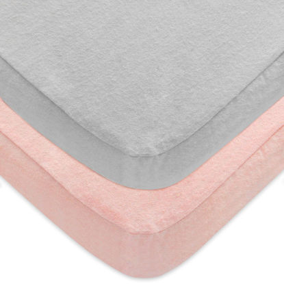 Picture of Pack and Play Sheets 2 Pack, 100% Cotton Flannel, Fitted Portable Mini Crib Sheet for Girls Boys, Ultra Soft Breathable Convertible Playard Mattress Cover, Playard Playpen Sheet Warm, Grey&Pink