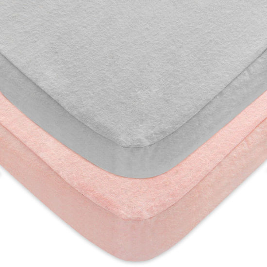 Picture of Pack and Play Sheets 2 Pack, 100% Cotton Flannel, Fitted Portable Mini Crib Sheet for Girls Boys, Ultra Soft Breathable Convertible Playard Mattress Cover, Playard Playpen Sheet Warm, Grey&Pink