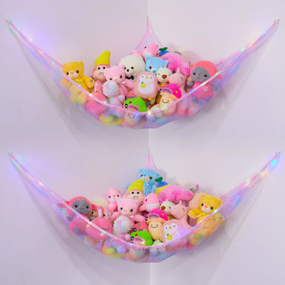 Picture of Basumee Stuffed Animals Net or Hammock with LED Light Hanging Toy Net Hammock for Stuffed Animals Storage Stuff Animals Hammocks for Nursery Kids Room with Remote Control, 8 Kinds of Lights(Pack of 2)