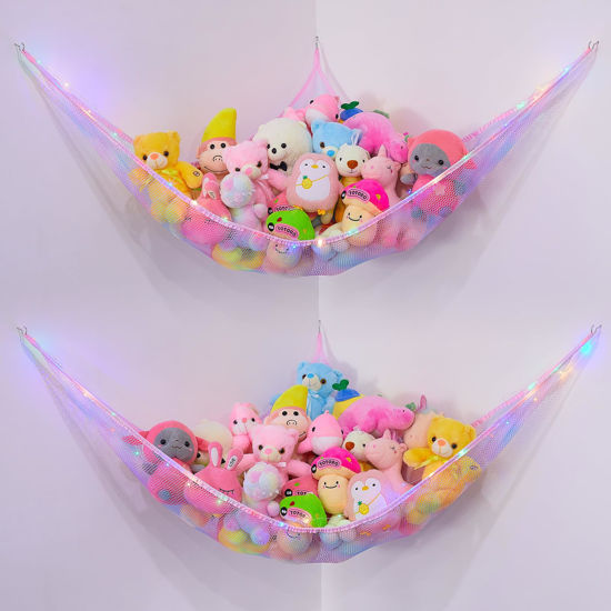 Picture of Basumee Stuffed Animals Net or Hammock with LED Light Hanging Toy Net Hammock for Stuffed Animals Storage Stuff Animals Hammocks for Nursery Kids Room with Remote Control, 8 Kinds of Lights(Pack of 2)