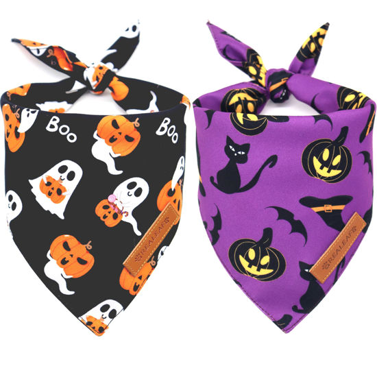 Picture of Realeaf Halloween Dog Bandanas 2 Pack, Reversible Orange Pumpkin Pet Scarf for Boy and Girl, Premium Durable Fabric, Holiday Bandana for Small Medium Large and Extra Large Dogs (Small)
