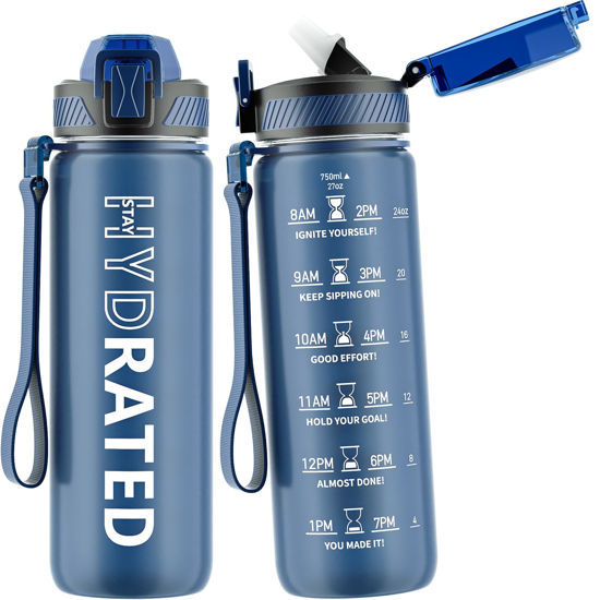 Picture of QLUR Water Bottle with Straw, 27oz Motivational Water Bottles with Time Marker to Drink, Tritan BPA Free, 750ml Sports Water Bottle with Carry Strap LeakProof for School Fitness Outdoor (1Pack)