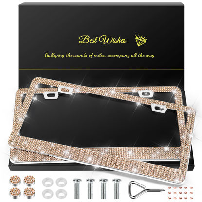 Picture of QUANQIUFEI 2 Pack Bling License Plate Frames for Women, Sparkly Rhinestone Diamond Car Accessories with Glitter Crystal Caps (Champagne)