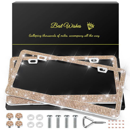 Picture of QUANQIUFEI 2 Pack Bling License Plate Frames for Women, Sparkly Rhinestone Diamond Car Accessories with Glitter Crystal Caps (Champagne)
