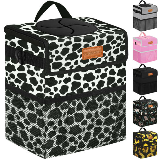 Picture of ELONGRIVER Car Trash Can for Car with Lid Leak Proof, Cute Car Can Trash Bag Hanging, Vehicle Trash Can for SUV Truck Van, Car Garbage Can for Back Front Seat Cow Print