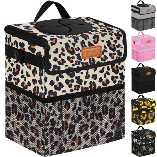 Picture of ELONGRIVER Car Trash Can Bin for Car Back Seat Leak Proof, Cute Car Trash Bag Hanging, Vehicle Trash Can for SUV Truck Van, Automotive Car Garbage Cans Front Seat Leopard Print