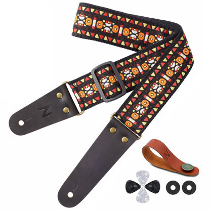 Picture of Nefelibata Guitar Strap, Embroidered Cotton Guitar Straps with Head Cowhide Leather Ends for Bass, Electric & Acoustic Guitars, Free Strap Button, 1 Pair Strap Locks and 4 Guitar Picks