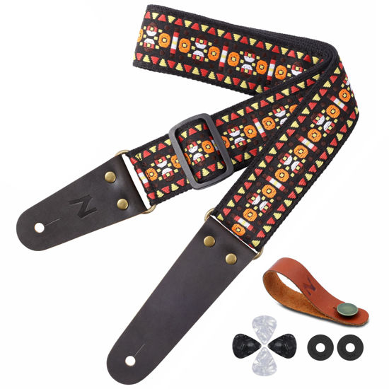 Picture of Nefelibata Guitar Strap, Embroidered Cotton Guitar Straps with Head Cowhide Leather Ends for Bass, Electric & Acoustic Guitars, Free Strap Button, 1 Pair Strap Locks and 4 Guitar Picks