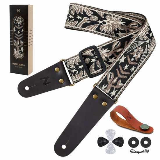 Picture of Nefelibata Guitar Strap, 2" Embroidery Full Grain Leather Ends Guitar Straps with Hidden Pocket, for Bass, Electric and Acoustic Guitars, Strap Button, Strap Locks and Guitar Picks