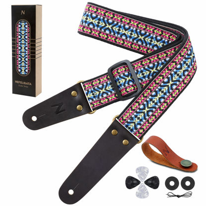 Picture of Nefelibata Guitar Strap, Vintage Cotton Guitar Straps with Head Cowhide Leather Ends for Bass, Electric & Acoustic Guitars, Free Strap Button, 1 Pair Strap Locks and 4 Guitar Picks