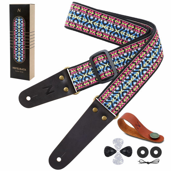 Picture of Nefelibata Guitar Strap, Vintage Cotton Guitar Straps with Head Cowhide Leather Ends for Bass, Electric & Acoustic Guitars, Free Strap Button, 1 Pair Strap Locks and 4 Guitar Picks