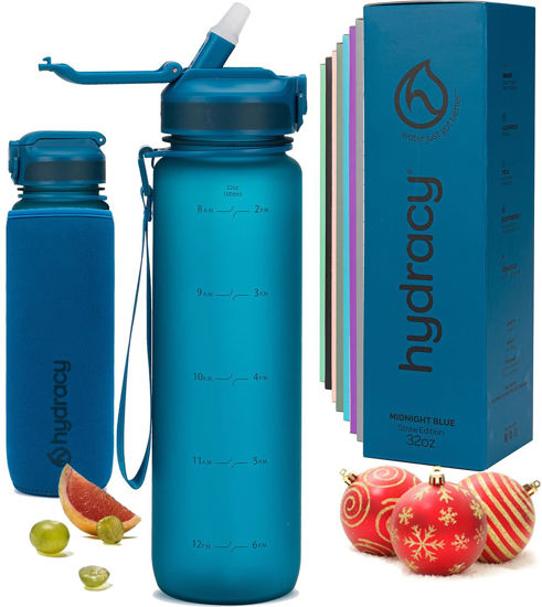 Picture of Hydracy Water Bottle with Times to Drink & Straw - Large 32 Oz BPA Free Motivational Water Bottle & No Sweat Sleeve -Leak Proof Gym Bottle with Time Marker - Ideal Gift for Fitness, Sports & Outdoors