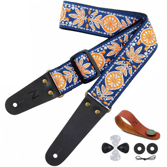 Picture of Nefelibata Guitar Strap, Vintage Cotton Guitar Straps with Head Cowhide Leather Ends for Bass, Electric & Acoustic Guitars, with Free Strap Button, 1 Pair Strap Locks and 4 Guitar Picks