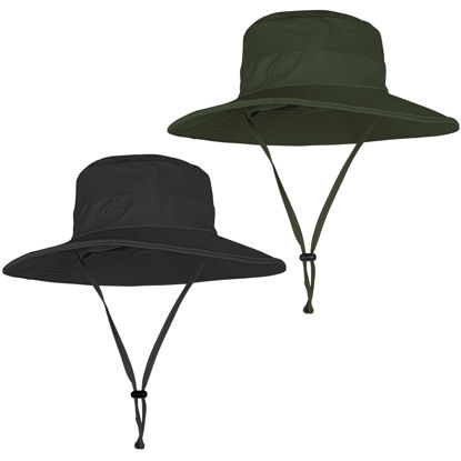 Picture of 2 Pack Sun Hats for Men Women Fishing Hat UPF 50+ Breathable Wide Brim Summer UV Protection Hat Black/Army Green