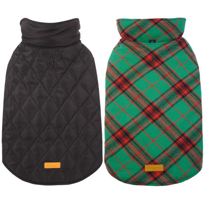Picture of Kuoser Warm Dog Coat, Reversible Dog Jacket Waterproof Dog Winter Coat British Style Plaid Dog Clothes Pet Dog Cold Weather Coats Cozy Snow Jacket Vest for Small Medium Large Dogs Christmas Green S