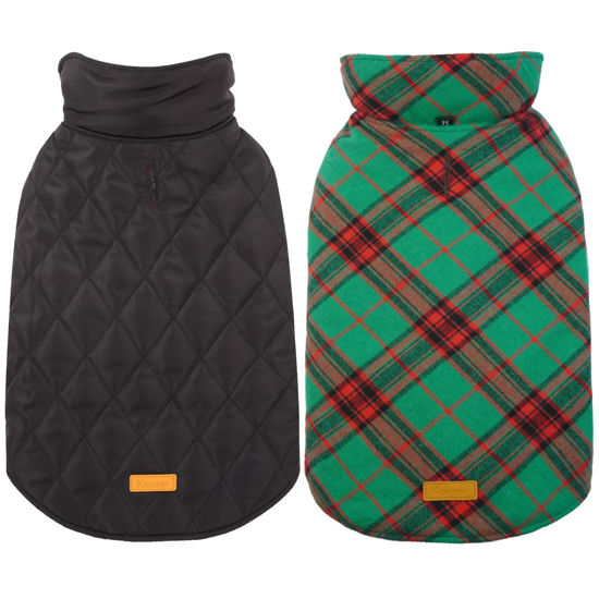Picture of Kuoser Warm Dog Coat, Reversible Dog Jacket Waterproof Dog Winter Coat British Style Plaid Dog Clothes Pet Dog Cold Weather Coats Cozy Snow Jacket Vest for Small Medium Large Dogs Christmas Green S