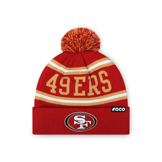 Picture of FOCO San Francisco 49ers NFL Logo Stripe Pom Beanie Hat, Team Color