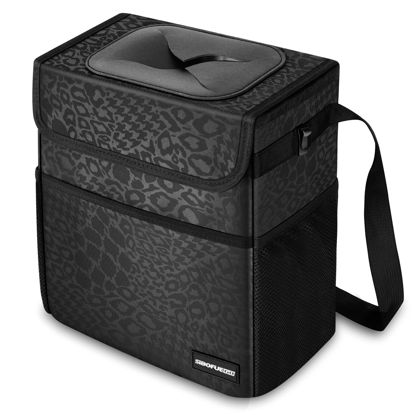 Picture of SIBOFUEGO Cute Car Trash Can with Lid - Leak Proof Bag Hanging Waterproof Garbage Storage Pockets Multipurpose Collapsible Organizer, 2.5 Gallons (Black Leopard)