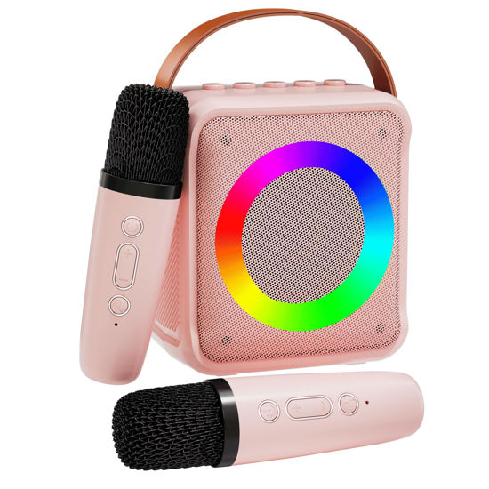 Picture of VERKB Mini Karaoke Machine for Kids Adults, Portable Bluetooth Speaker with 2 Wireless Microphones, Microphone Speaker Set with LED Disco Lights for Home Party, Birthday Gifts for Girls Boys Kid(Pink)