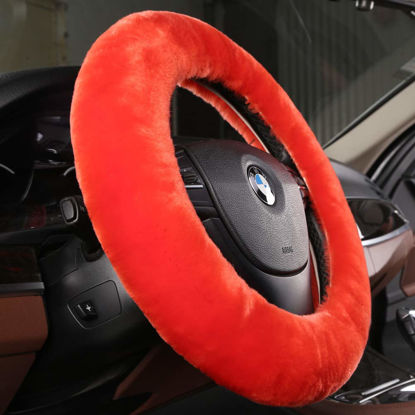 Picture of Plush Fuzzy Wool Sheepskin Car Steering Wheel Cover for Girls Women, Protector Universal Car Auto Steering Wheel 14 1/2-15 1/2inchs (Tangerine)