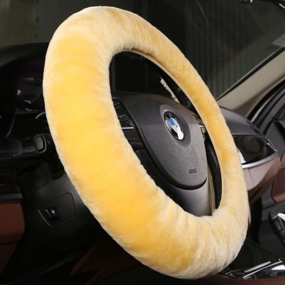 Picture of Plush Fuzzy Fluffy Wool Sheepskin Car Steering Wheel Cover for Girls Women Cozy Universal Soft Car Auto 14 1/2-15 1/2inchs (Golden Yellow)