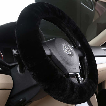 Picture of OGLAND Soft Fluffy Plush Sheepskin Car Steering Wheel Cover for Universal Auto Vehicle Women Man 14 1/2 inch-15 1/2inch Fuzzy Accessories Whole Sheepskin Black
