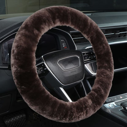 Picture of Soft Fluffy Sheepskin Car Steering Wheel Cover for Universal Auto Vehicle Women Man 14 1/2 inch-15 1/2inch Fuzzy Accessories (Teak)