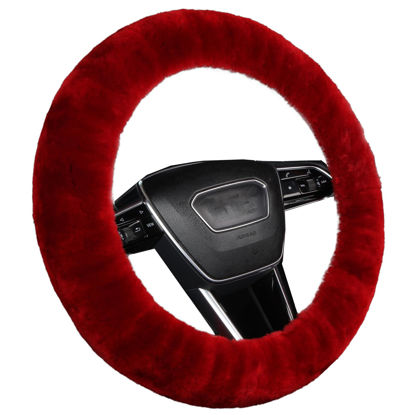 Picture of Soft Fluffy Wool Sheepskin car Steering Wheel Cover for Girls Women Universal car 14 1/2-15 1/2inchs (Claret)