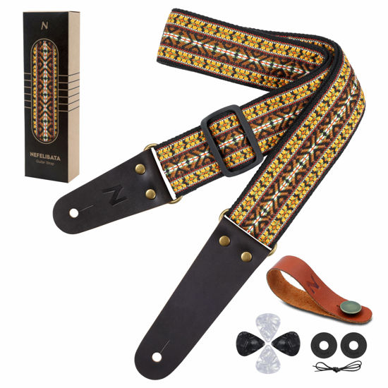 Picture of Nefelibata Guitar Strap, 2" Cotton Embroidery Guitar Straps, Full Grain Leather Ends with Hidden Pocket, for Bass, Electric and Acoustic Guitars, Strap Button, Strap Locks and Guitar Picks