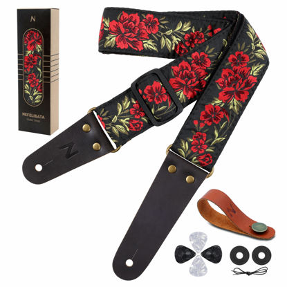 Picture of Nefelibata Guitar Strap, 2" Cotton Embroidery Guitar Straps, Full Grain Leather Ends with Invisible Pocket, for Bass, Electric and Acoustic Guitars, Strap Button, Strap Locks and Guitar Picks