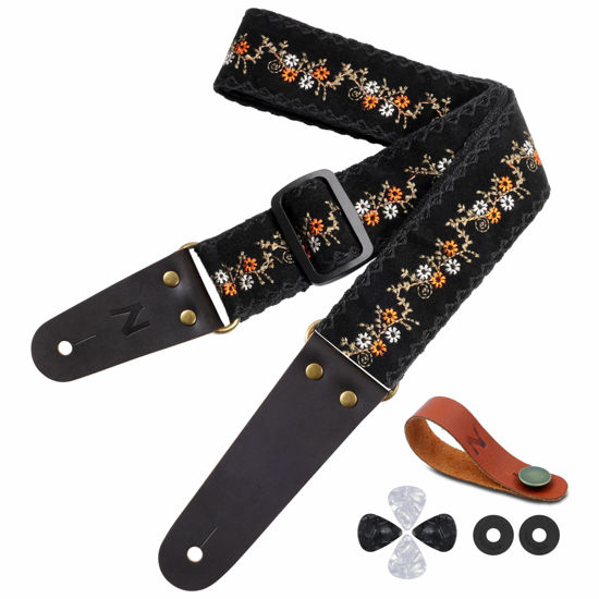 Picture of Nefelibata Guitar Strap, Flower Embroidery Guitar Straps with Head Cowhide Leather Ends for Bass, Electric & Acoustic Guitars, Come with Free Strap Button, 1 Pair Strap Locks and 4 Guitar Picks