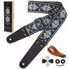 Picture of Nefelibata Guitar Strap, Vintage Embroidered Cotton Guitar Straps with Head Cowhide Leather Ends for Bass, Electric & Acoustic Guitars, Come with Free Strap Button, 2 Strap Locks and 4 Guitar Pick