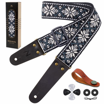 Picture of Nefelibata Guitar Strap, Vintage Embroidered Cotton Guitar Straps with Head Cowhide Leather Ends for Bass, Electric & Acoustic Guitars, Come with Free Strap Button, 2 Strap Locks and 4 Guitar Pick