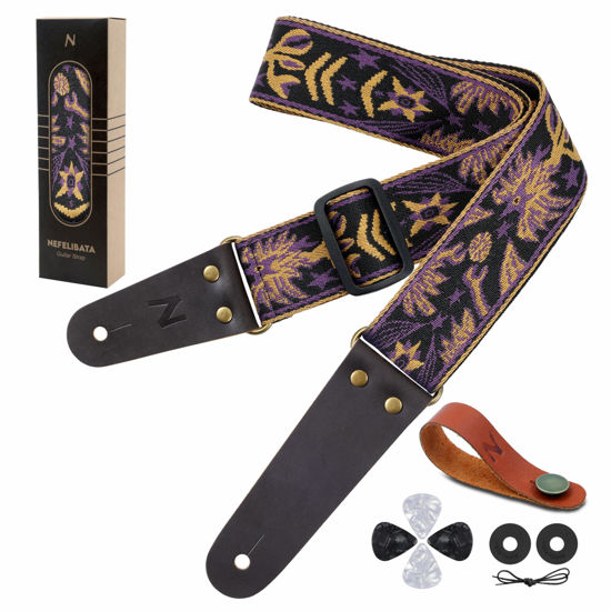 Picture of Nefelibata Guitar Strap, 2" Embroidery Full Grain Leather Ends Guitar Straps with Hidden Pocket, for Bass, Electric and Acoustic Guitars, Strap Button, Strap Locks and Guitar Picks