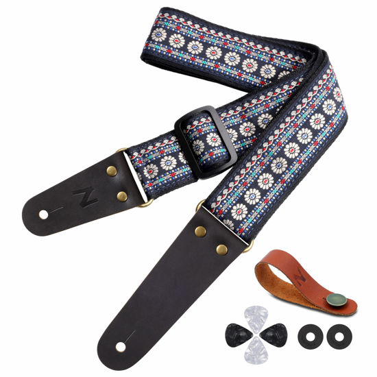 Picture of Nefelibata Guitar Strap,Vintage Nylon jacquard guitar straps with Genuine Leather Ends for Bass,Electric,Acoustic Guitar,Come with Free Strap Button,2 Strap Locks and 4 Picks (African tribes)