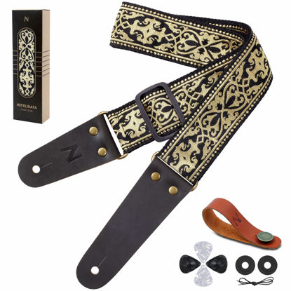 Picture of Nefelibata Guitar Strap, Embroidered Cotton Guitar Straps with Head Cowhide Leather Ends for Bass, Electric & Acoustic Guitars, Free Strap Button, 1 Pair Strap Locks and 4 Guitar Picks